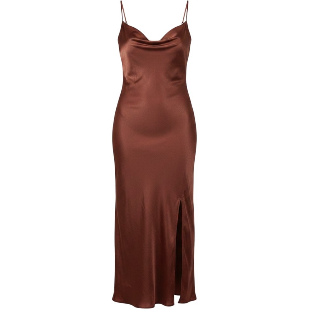 Justify Rust Brown Cowl Neck Satin Midi Slip Dress with Side Slit Size L NEW